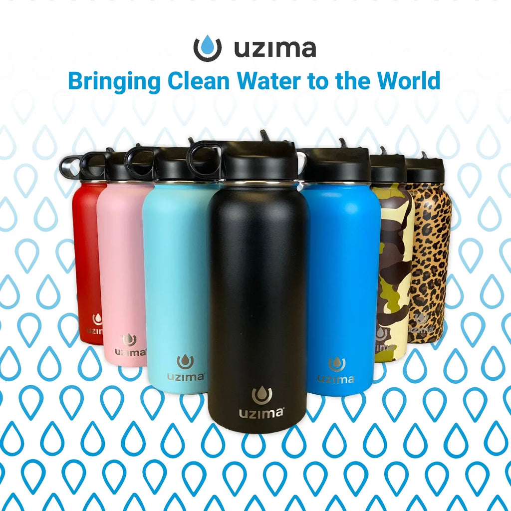 Uzima - Z-Source Filtered Water Bottle for Hiking, Backpacking, Camping, and Travel. Water Purification on the Go. Large 32oz Capacity with Double-Walled Stainless Steel Exterior. Midnight