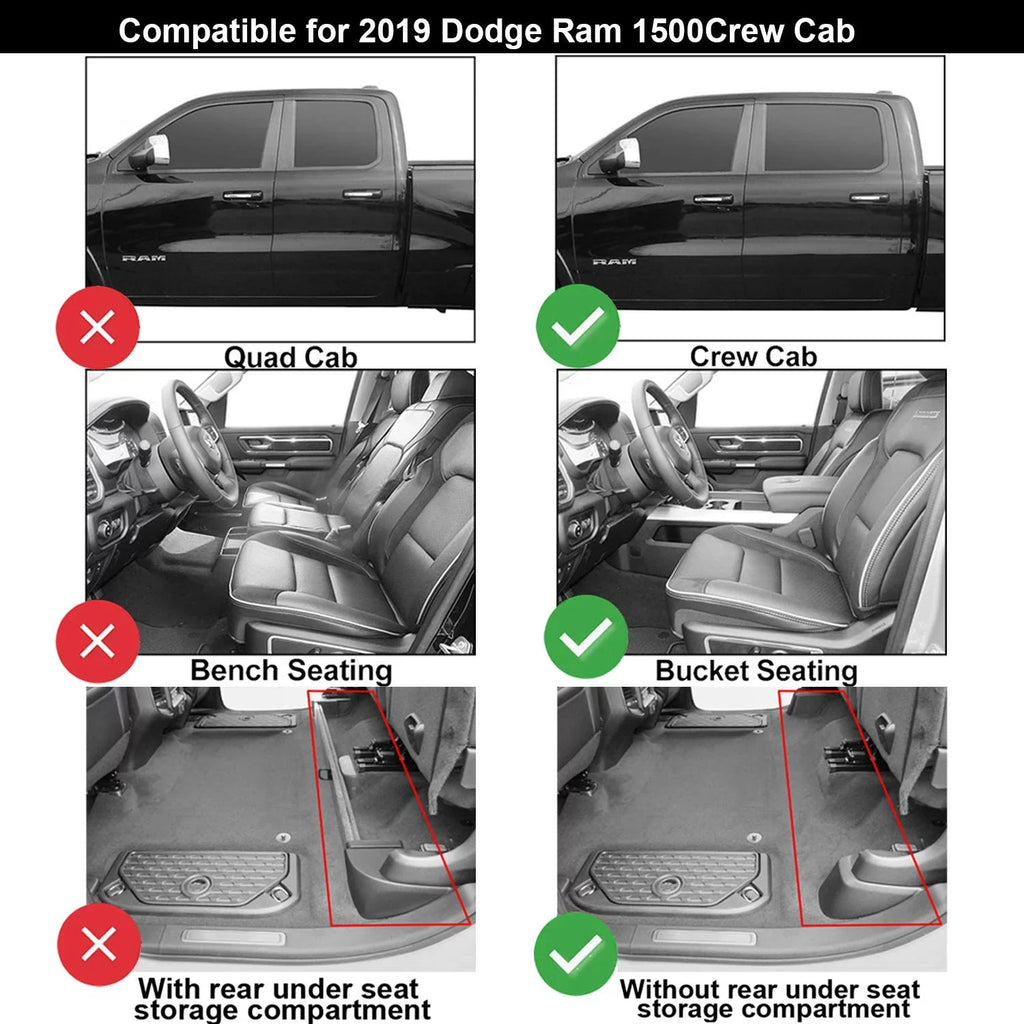 3W Floor Mats for Dodge Ram 2019 2020 (NOT for Storage Under Rear Seat) - Full Set All Weather Ram 1500 Crew Cab Carpet with Non-Toxic TPE 1st & 2nd Row for Bucket Seating, Dark