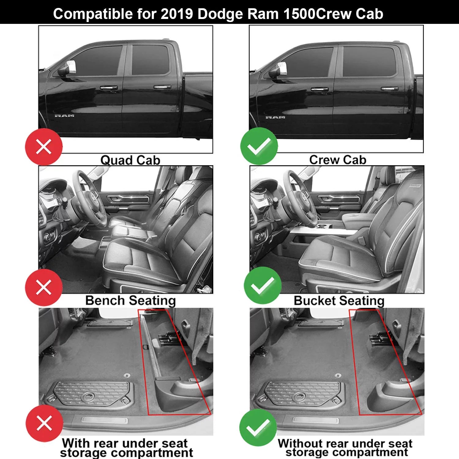 3W Floor Mats for Dodge Ram 2019 2020 (NOT for Storage Under Rear Seat) - Full Set All Weather Ram 1500 Crew Cab Carpet with Non-Toxic TPE 1st & 2nd Row for Bucket Seating, Dark
