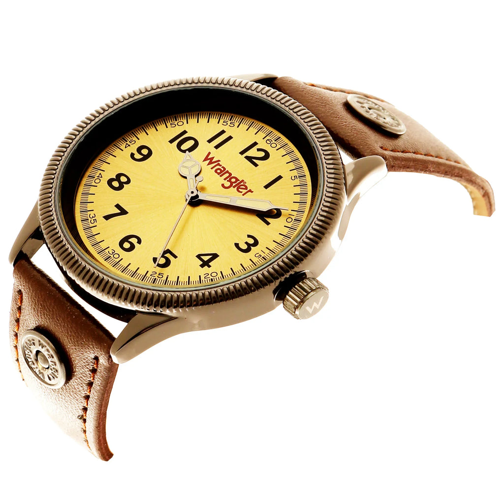 Wrangler 40mm Golden Sunburst Face Brown Strap Watch