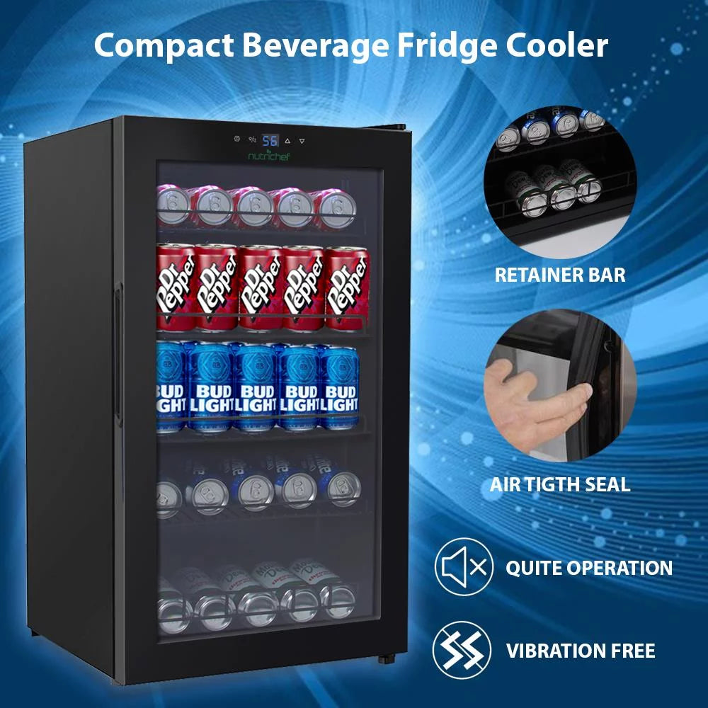 Nutri Chef Compact Beverage Fridge Cooler, Can Beverage Chiller Refrigerator (132 Can Capacity), 20.1’’ x 18.5’’ x 34.7’