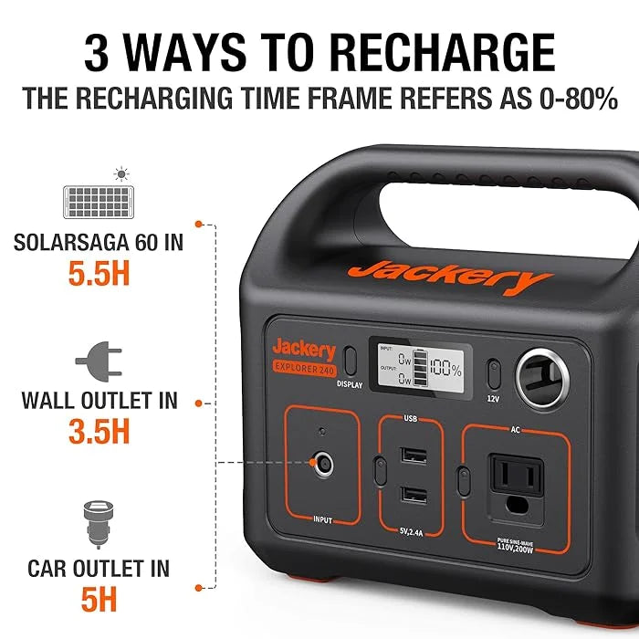 Jackery Portable Power Station Explorer 240, 240Wh Backup Lithium Battery, 110V/200W Pure Sine Wave AC Outlet, Solar Generator For Outdoors Camping Travelling And Emergencies