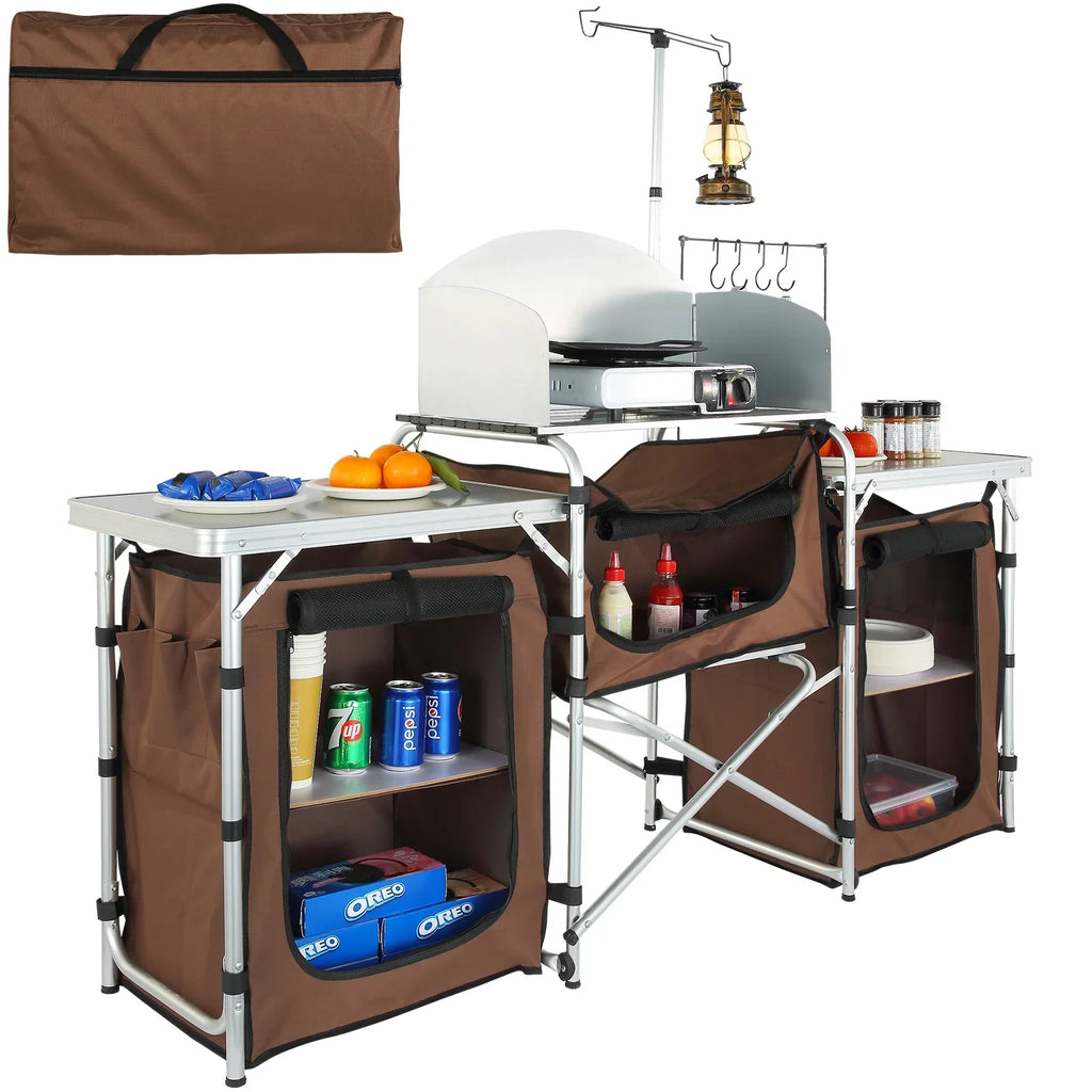 SKYSHALO Folding Portable Cook Table 3 Cupboards Brown Camping Kitchen Table