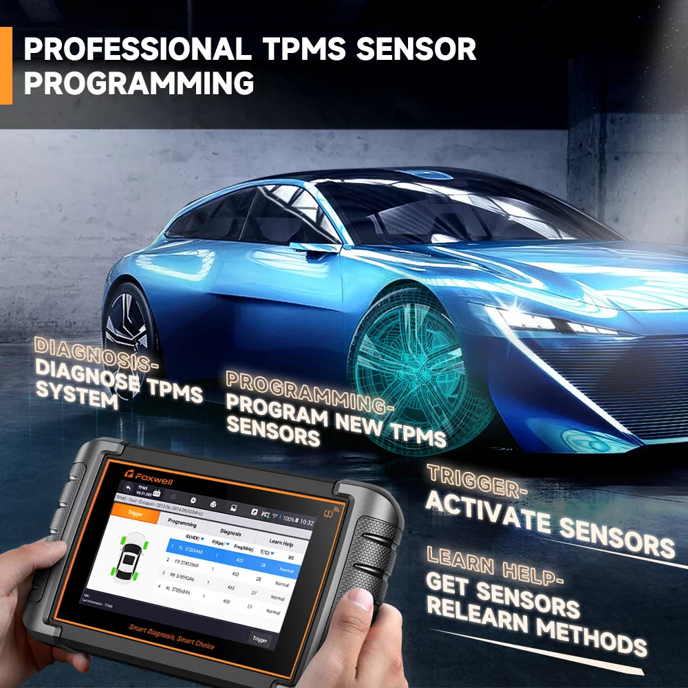 Foxwell NT809TS TPMS Relearn Programming Reset Tool Bi-directional Control Scan Tool OBD2 Automotive Scanner Scan Full Systems Oil Reset ABS Bleeding Injector Coding 30+ Reset Services Car Code Reader