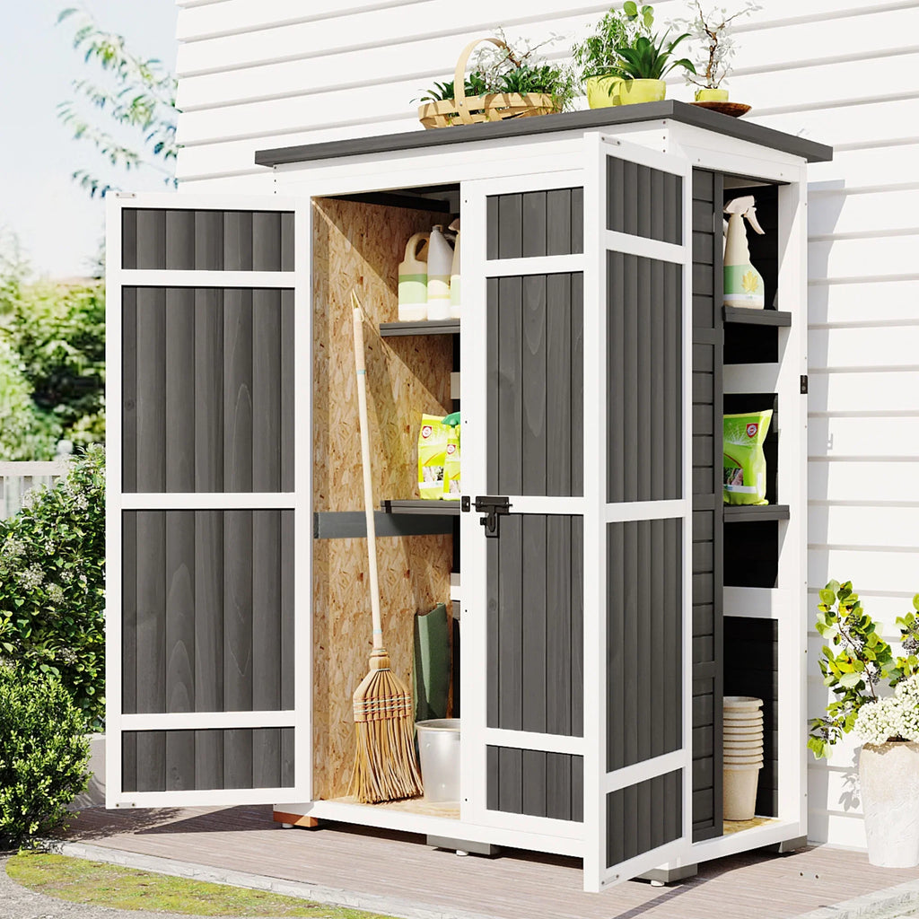 Homiyad Outdoor 5.5ft Hx4.1ft L Wood Storage Shed, Garden Tool Cabinet with Waterproof Asphalt Roof, Four Lockable Doors, Multiple-Tier Shelves, White and Gray