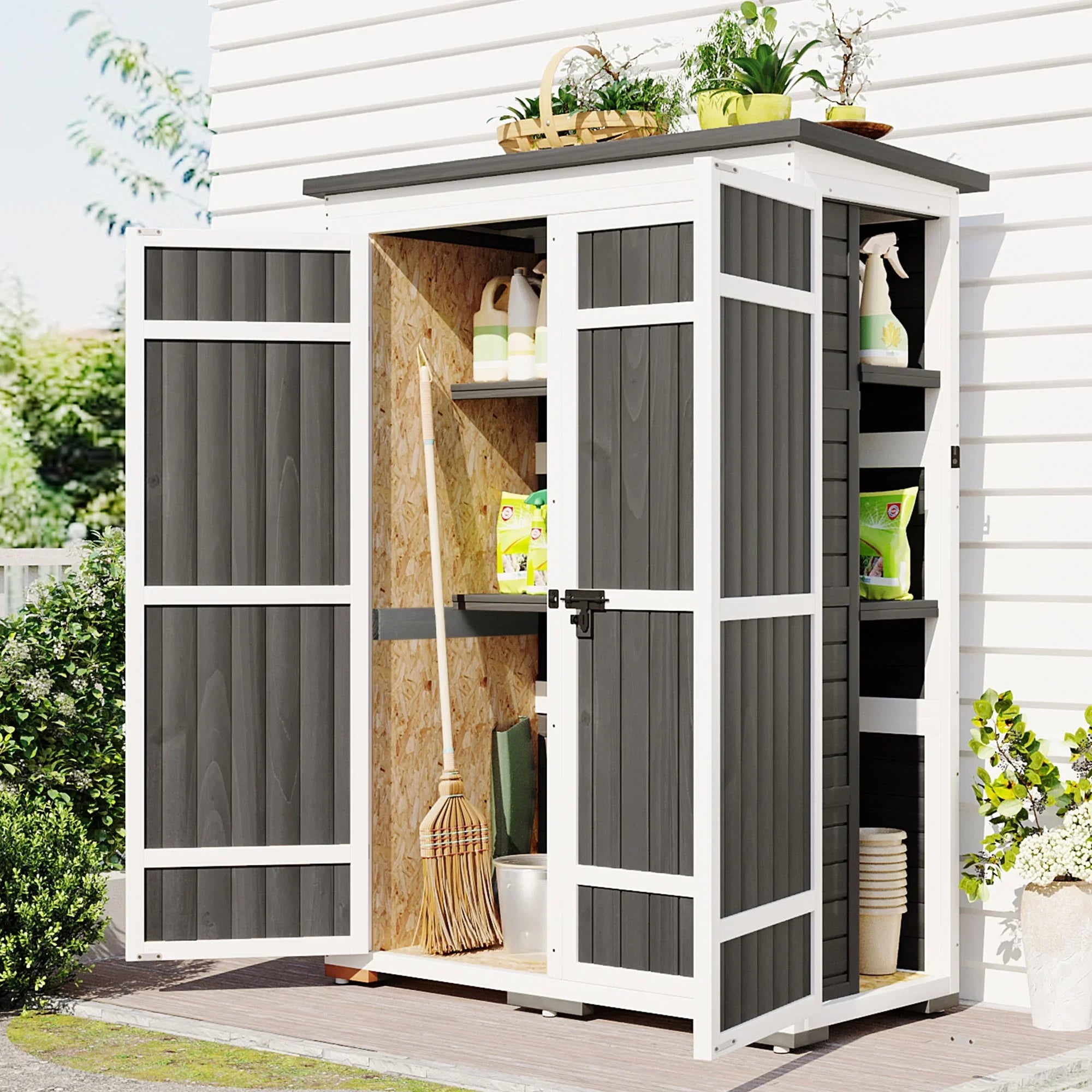Homiyad Outdoor 5.5ft Hx4.1ft L Wood Storage Shed, Garden Tool Cabinet with Waterproof Asphalt Roof, Four Lockable Doors, Multiple-Tier Shelves, White and Gray