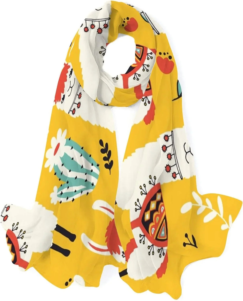 Hyjoy Lovely Llamas Flowers And Cacti Long Silk Neck Scarf Lightweight Shawl Wrap Scarves for Gentlemen Girls