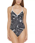 DKNY Ebony WHITE Graphic T-Back One-Piece Swimsuit, US Small