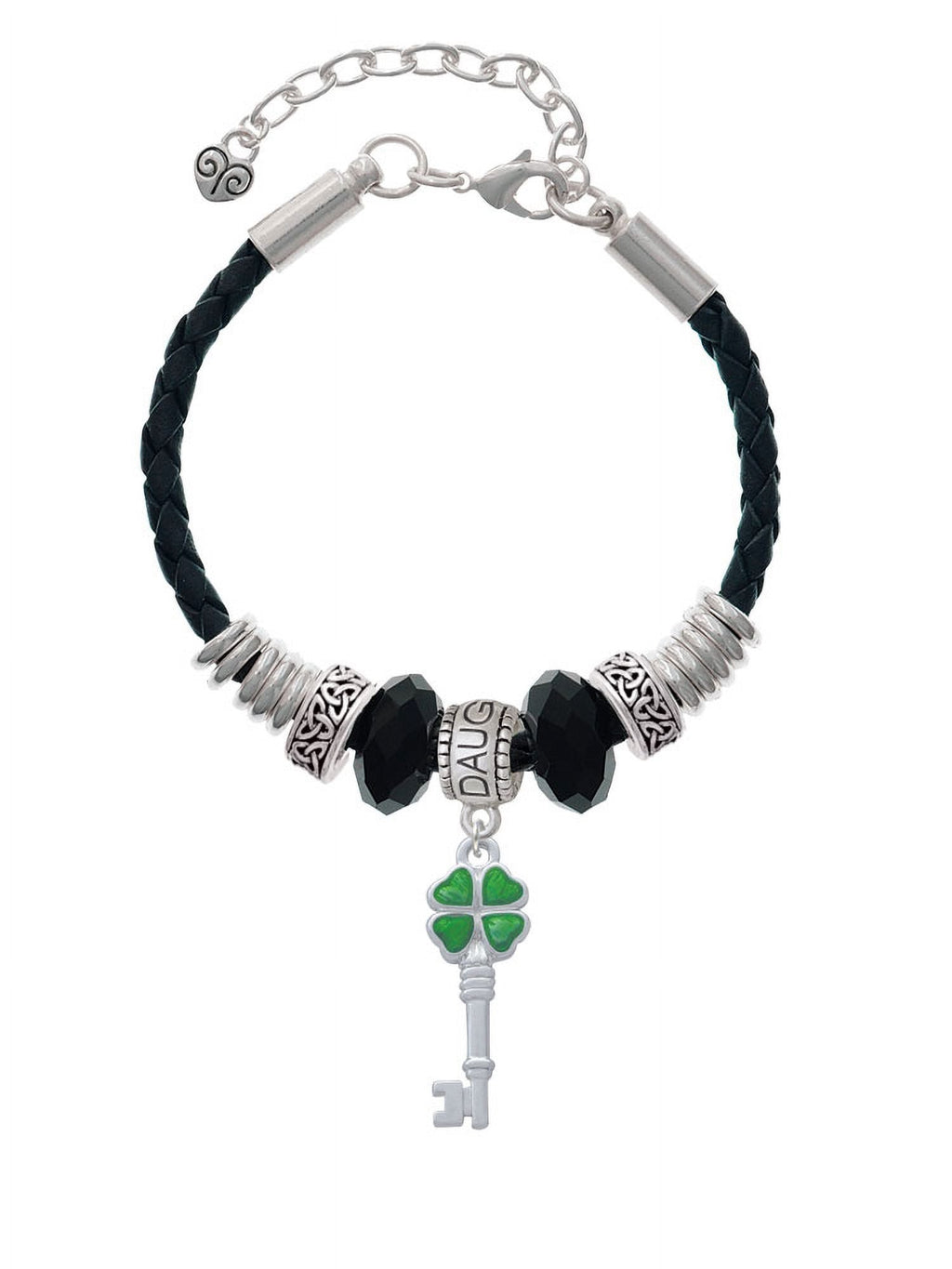 Delight Jewelry Silvertone Translucent Green Lucky Four Leaf Clover Key Daughter Celtic Knot Leather Bead Bracelet, 7"+2" Termination