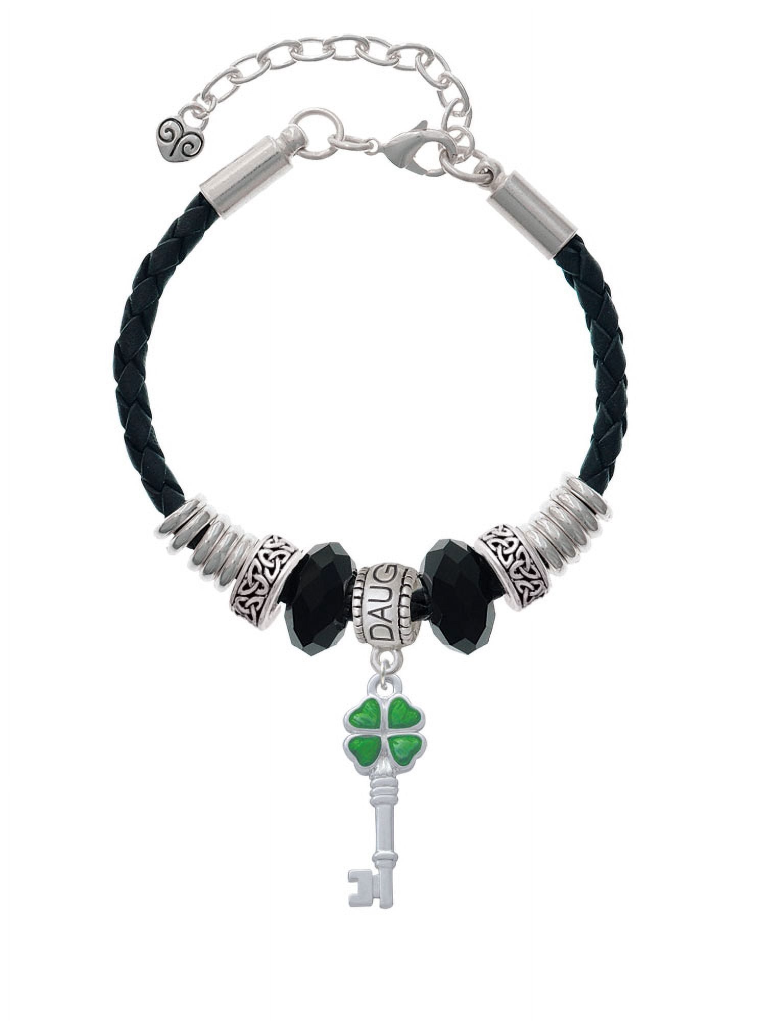 Delight Jewelry Silvertone Translucent Green Lucky Four Leaf Clover Key Daughter Celtic Knot Leather Bead Bracelet, 7"+2" Termination