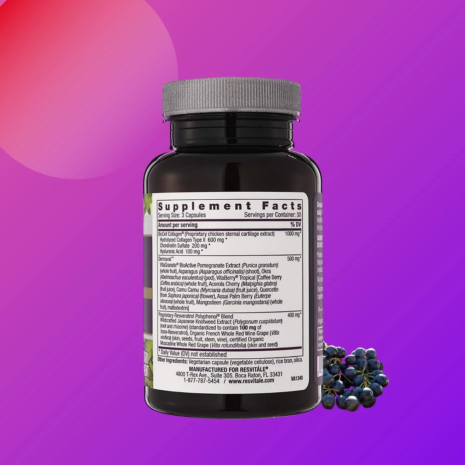 ResVitale Ultra Collagen Enhance - Anti Aging Skin Care and Joint People with Hydrolyzed Collagen Peptides, Hyaluronic Acid, Resveratrol, Grape Seed Extract and Dermaval Bioactive Edge 90 Caps