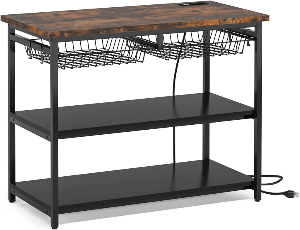 TJUNBOLIFE Kitchen Island with Industrial Island Table with Power Outlets and Wire Baskets 3 Tier Microwave Oven Stand Butcher Block Island with Large Worktop 4 Hooks Rustic Brown