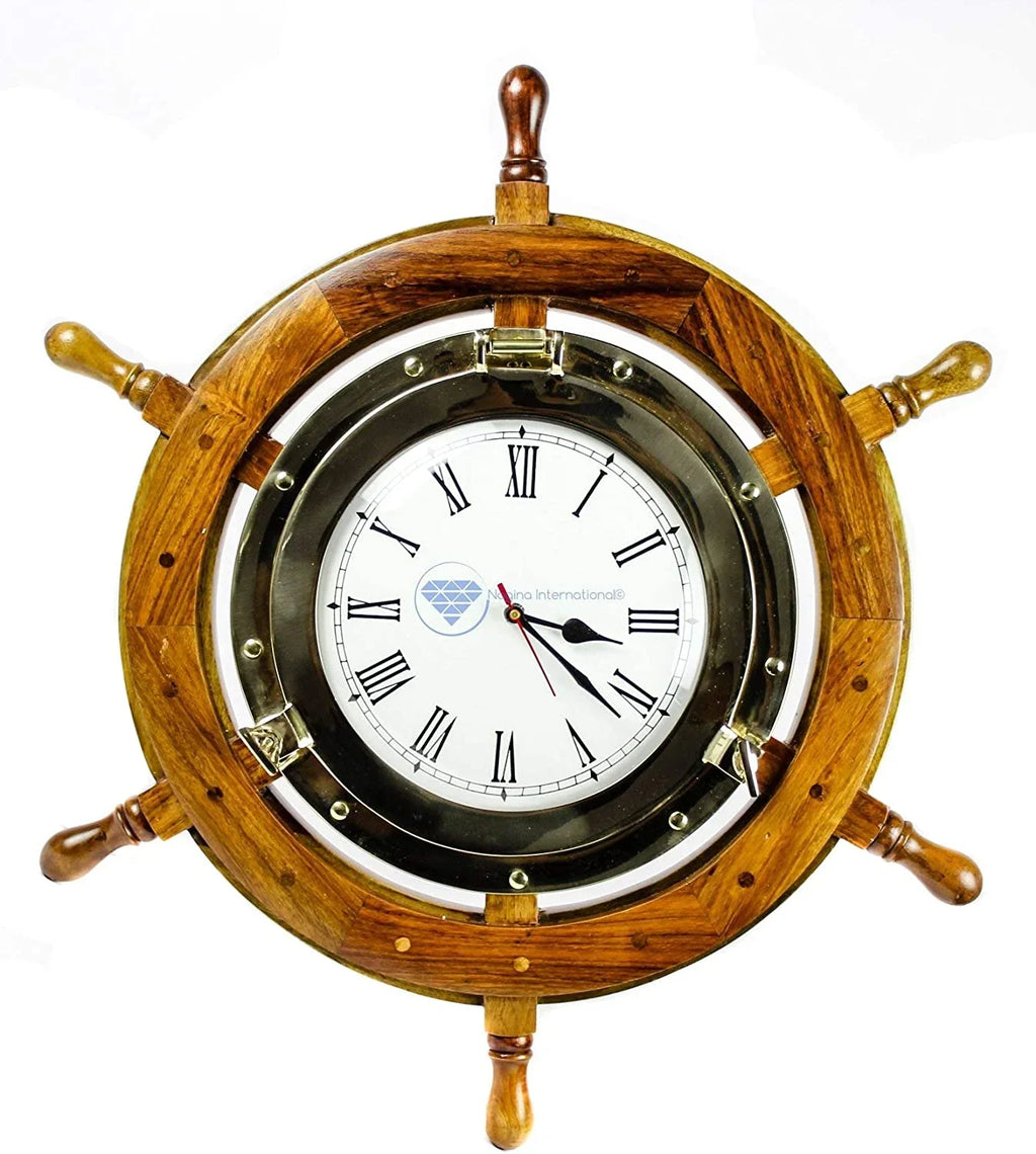 Nagina International Brass Nautical Full Porthole Tim'es Clock Ship Wheel | Pirate's Maritime Vintage Gift (18 Inches)