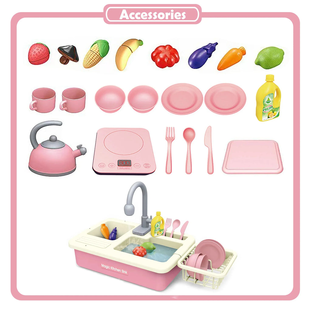 Richgv Edge Play Kitchen Sink Toys with Running Water, 23PCS Electric Water Sink Toy with Play Induction Cooker Play Cutting Food, Kids Kitchen Role Play Toys for Boys Girls