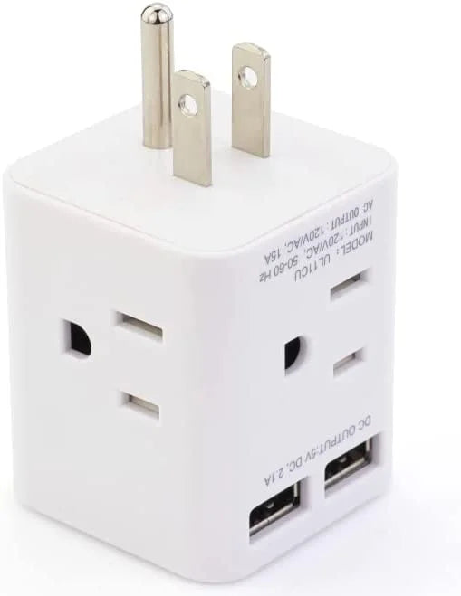 Multi Plug Outlet Termination with 2 USB and 4 AC Sockets, Wonplug Right Angle Plug Adapter Splitter 3 Prong Adapter Wide Spaced Cube Wall Charger for USA Home Office Cruise Ship Travel,White