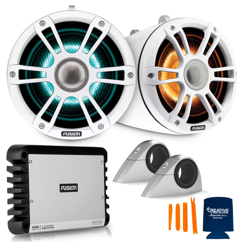 Fusion SG-FLT772SPW 7.7'' Sports White Tower Speaker with Fixed Clamps and SG-DA41400 4-Channel Amplifier