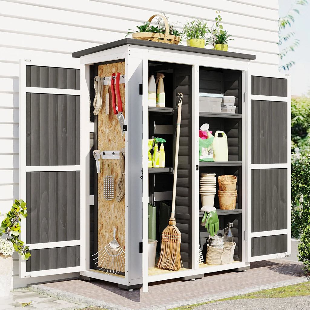 Homiyad Outdoor 5.5ft Hx4.1ft L Wood Storage Shed, Garden Tool Cabinet with Waterproof Asphalt Roof, Four Lockable Doors, Multiple-Tier Shelves, White and Gray