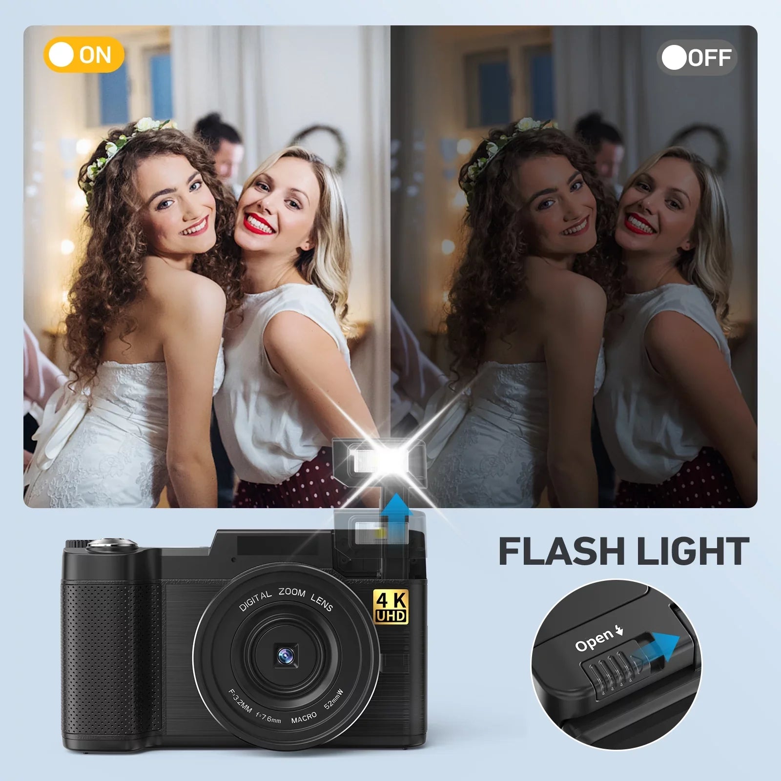 MARVUE Digital Camera 4K Vlogging Camera for YouTube 48MP 16X Digital Zoom with Macro Function & Liftable Flash, Photography Camera 3’’ 180°Flip Screen