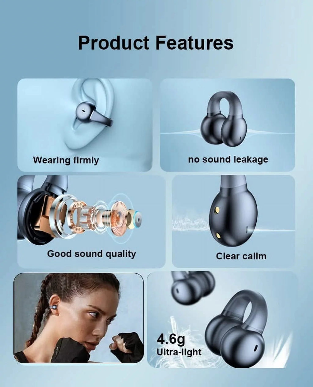 Bluetooth Earbuds Wireless Ear-Clip TWS Earphones for Motorola Moto G Power 5G (2023)/5G Stylus (2023) Phone - Bone Conduction Headphones True Stereo Charging Case Hands-free Mic B4K