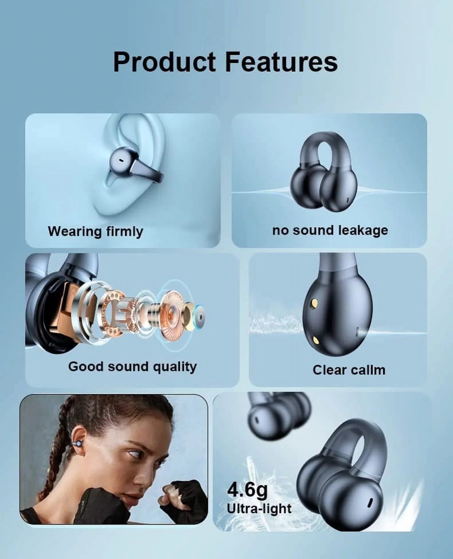Bluetooth Earbuds Wireless Ear-Clip TWS Earphones for Motorola Moto G Power 5G (2023)/5G Stylus (2023) Phone - Bone Conduction Headphones True Stereo Charging Case Hands-free Mic B4K