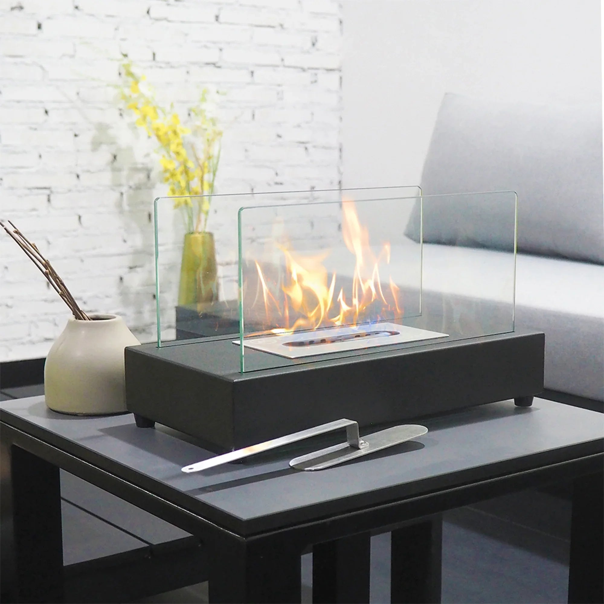 Skypatio 13.98''L x 7.1'' W x 8''H Metal Bio Ethanol Ventless Outdoor Tabletop Fireplace with Flame Guard