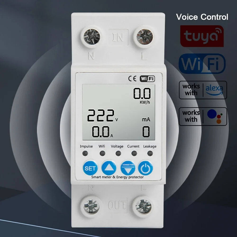Tuya WiFi Intelligent Leakage Protecting Switch Current Voltage Monitoring Circuit Breaker Timer Function Power Meter Compatible with Amazon Alexa and Google home for Voice Control