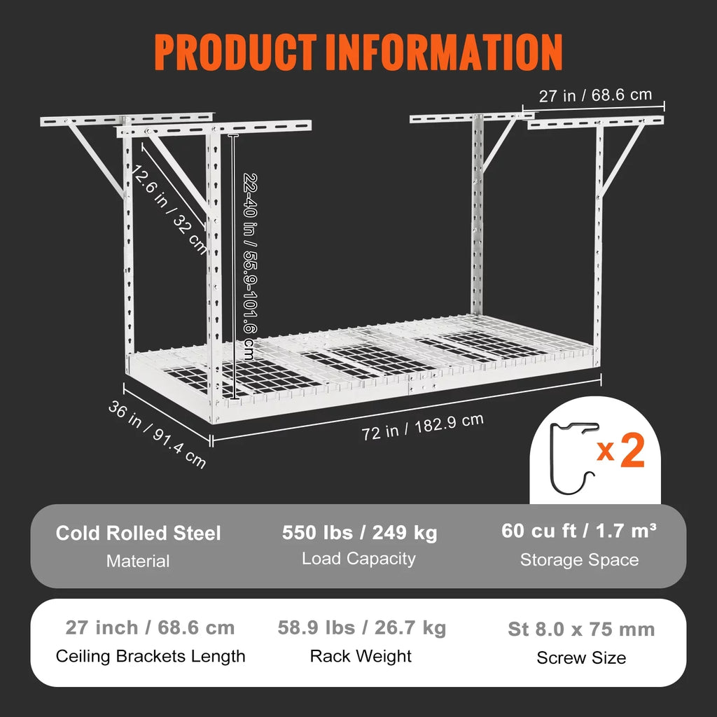 SKYSHALO Overhead Adjustable Garage Storage Rack 36x72" Ceiling Rack 550lb White