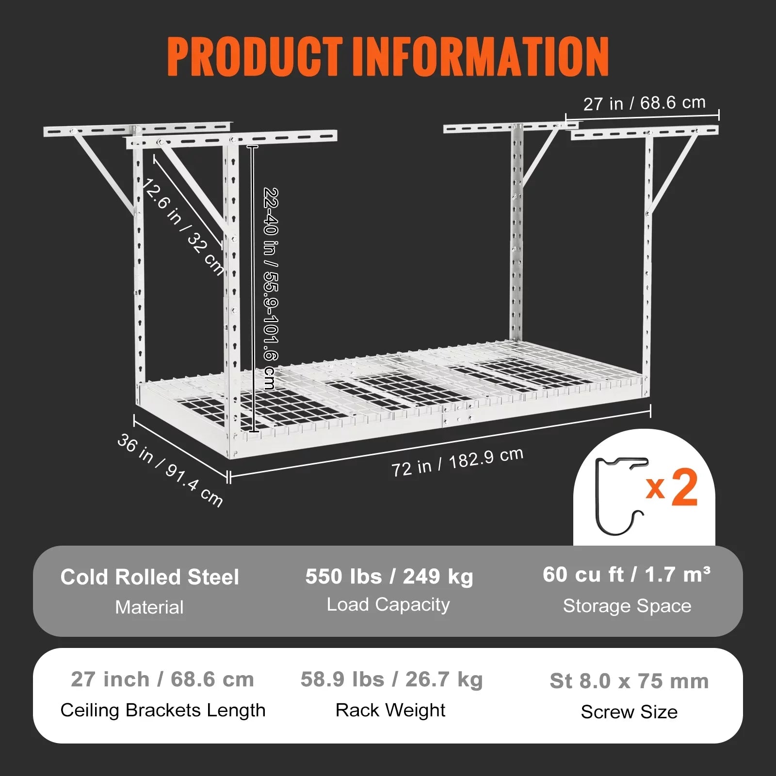 SKYSHALO Overhead Adjustable Garage Storage Rack 36x72" Ceiling Rack 550lb White