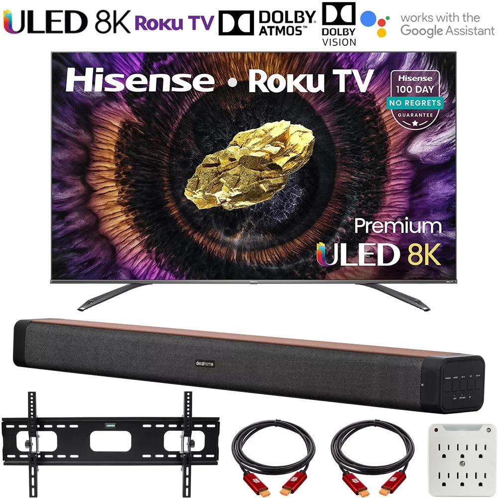 Hisense 75U800GR 75" ULED 8K Premium Quantum Dot Roku Smart TV 2021 with Dolby Vision Bundle with Deco Home 60W 2.0 Channel Soundbar, 37"-100" TV Wall Mount Bracket Bundle and 6-Outlet Surge Adapter