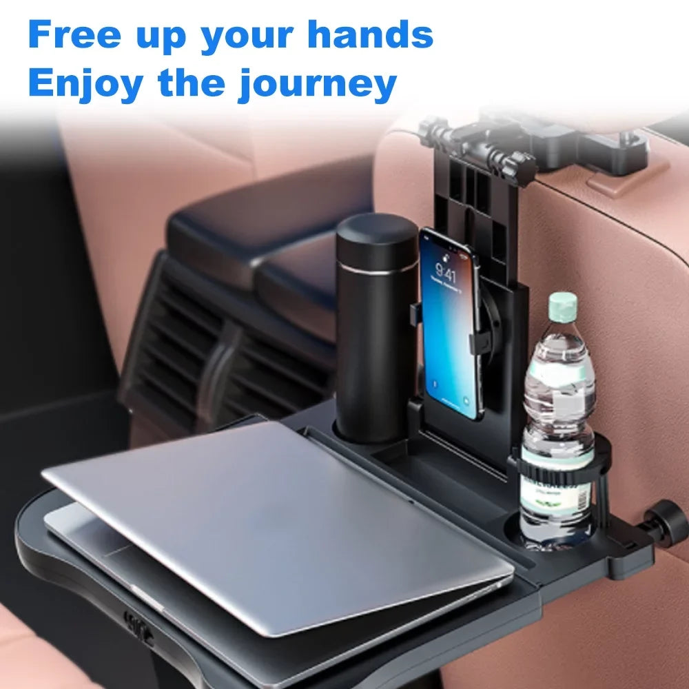 Dcenta Adjustable Car Seat Travel Table Multifunctional Foldable Car Back Seat Food Tray, Car Table with Phone Holder for Working, Writing, Eating Ebony