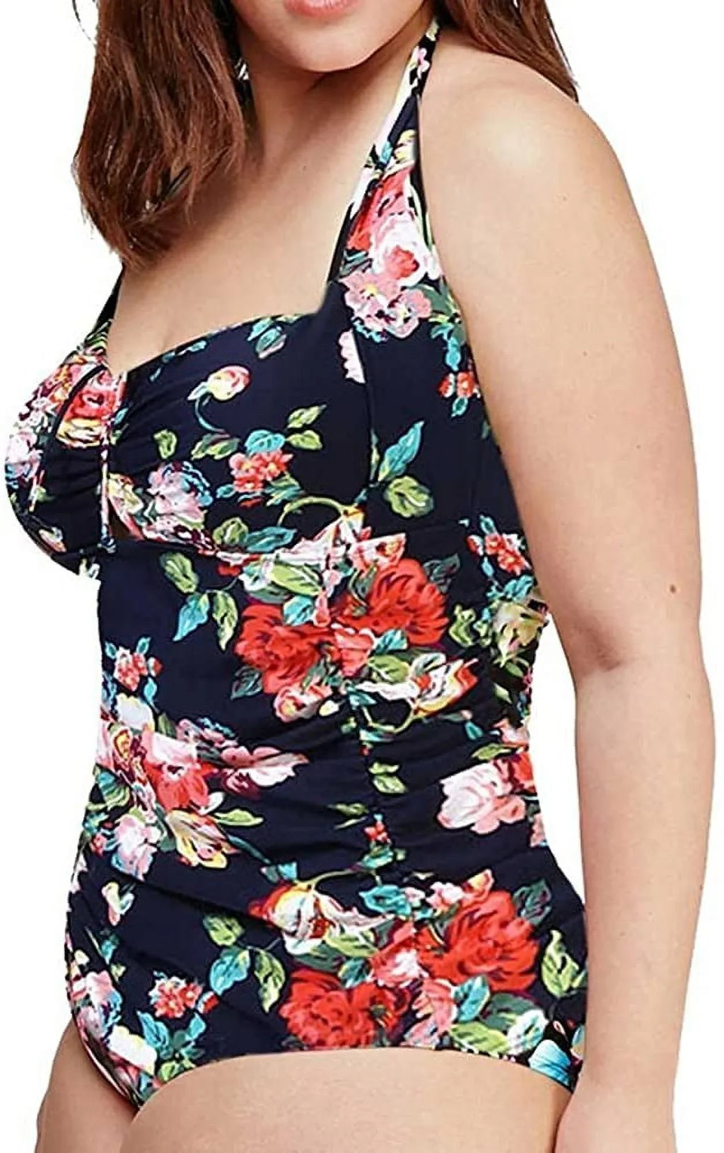 QZUnique Individuals One Piece Bathing Suit Tummy Control Swimwear Halter Ruched Swimsuit Plus Size Vintage Monokini