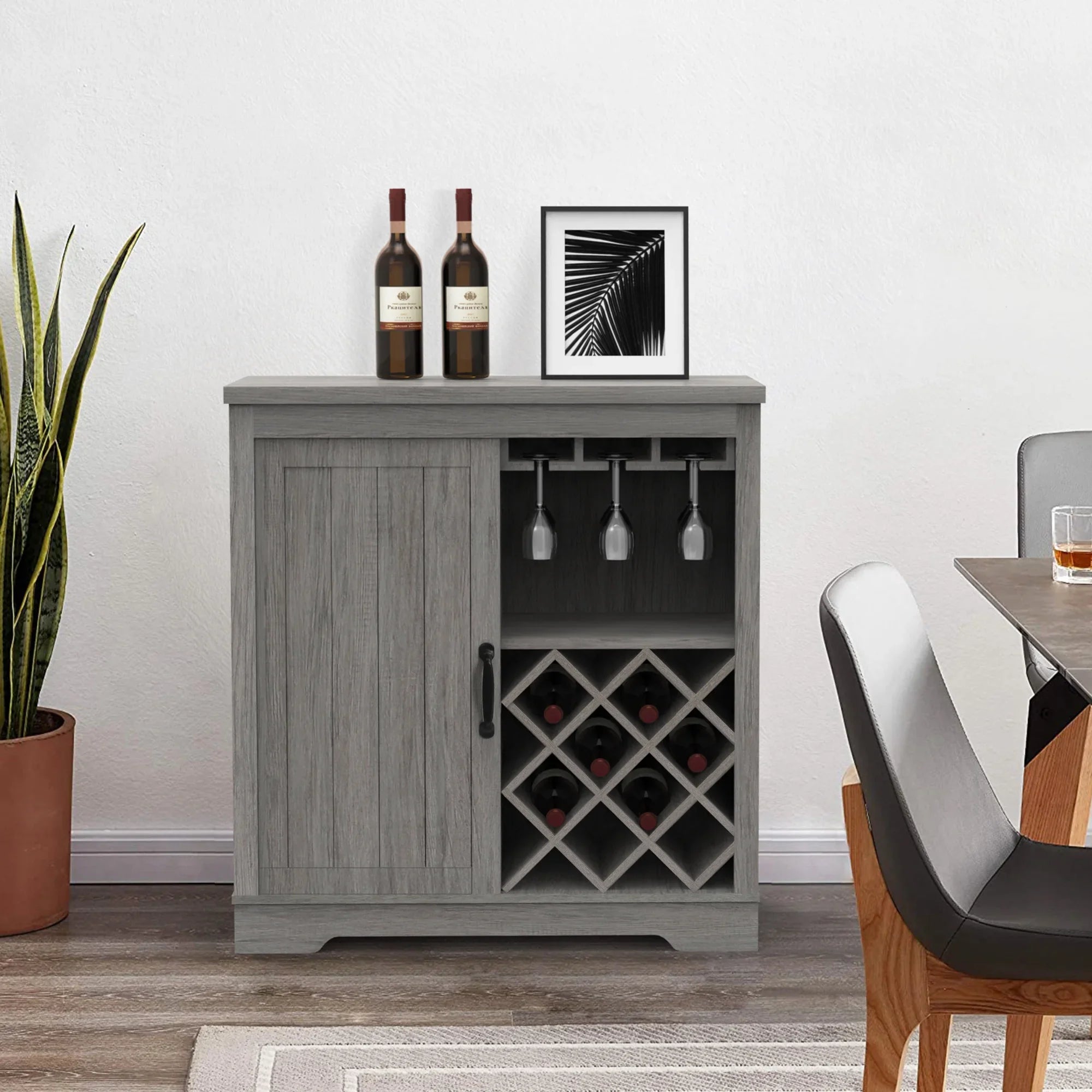 ABBSR Gray Wooden Wine Bar Storage Cabinet with Glass Holder,Wine Rack,Large Table for Decor