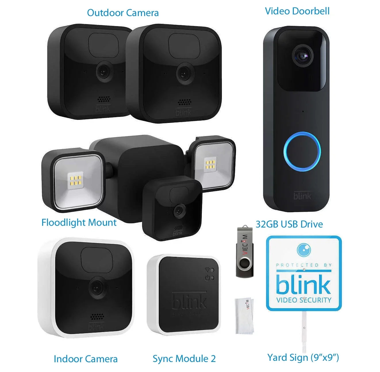 Blink_Outdoor Whole Home Bundle, 1 Floodlight Mount, 3 Outdoor & 1 Indoor Cameras, Video Doorbell + VIECAM 32GB USB Drive & Cleaning Cloth