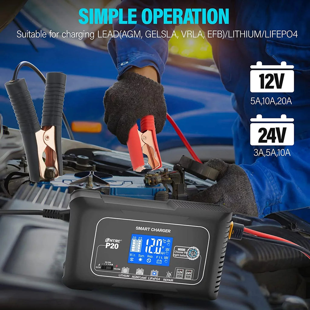 OIEXI 20-Amp Smart Battery Charger,Lithium,LiFePO4,Lead-Acid,Portable Car Battery Charger,Trickle Charger,Maintainer/Deep Cycle Charger,12V/20A and 24V/10A Adjustable,for Boat,Lawn Mower,Golf Cart..