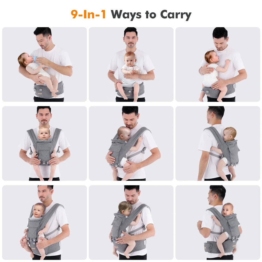 Baby Carrier Newborn to Toddler 9-in-1 Toddler Carrier with Hip Seat Lumbar Support All Seasons & Positions Perfect for Hiking Shopping Travelling 3-36 Months 7-40lbs Grey 1.95 Pound