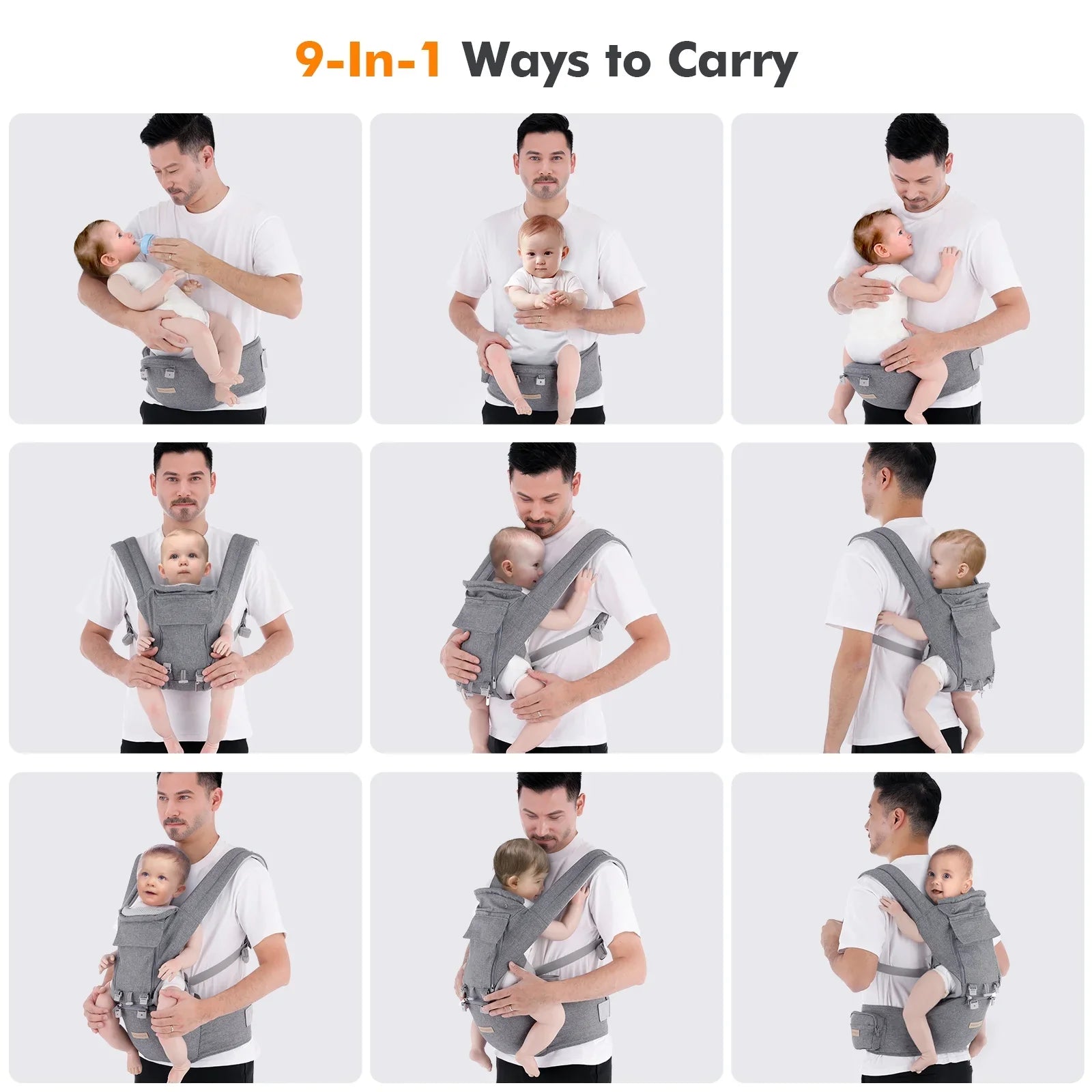 Baby Carrier Newborn to Toddler 9-in-1 Toddler Carrier with Hip Seat Lumbar Support All Seasons & Positions Perfect for Hiking Shopping Travelling 3-36 Months 7-40lbs Grey 1.95 Pound