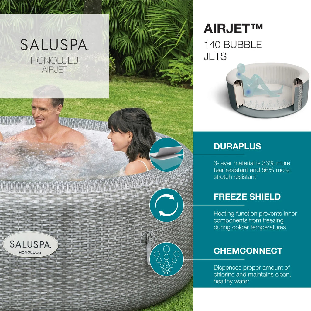 Bestway SaluSpa Honolulu AirJet Hot Tub w/6 Pool/Spa Seat & 6 Pillows