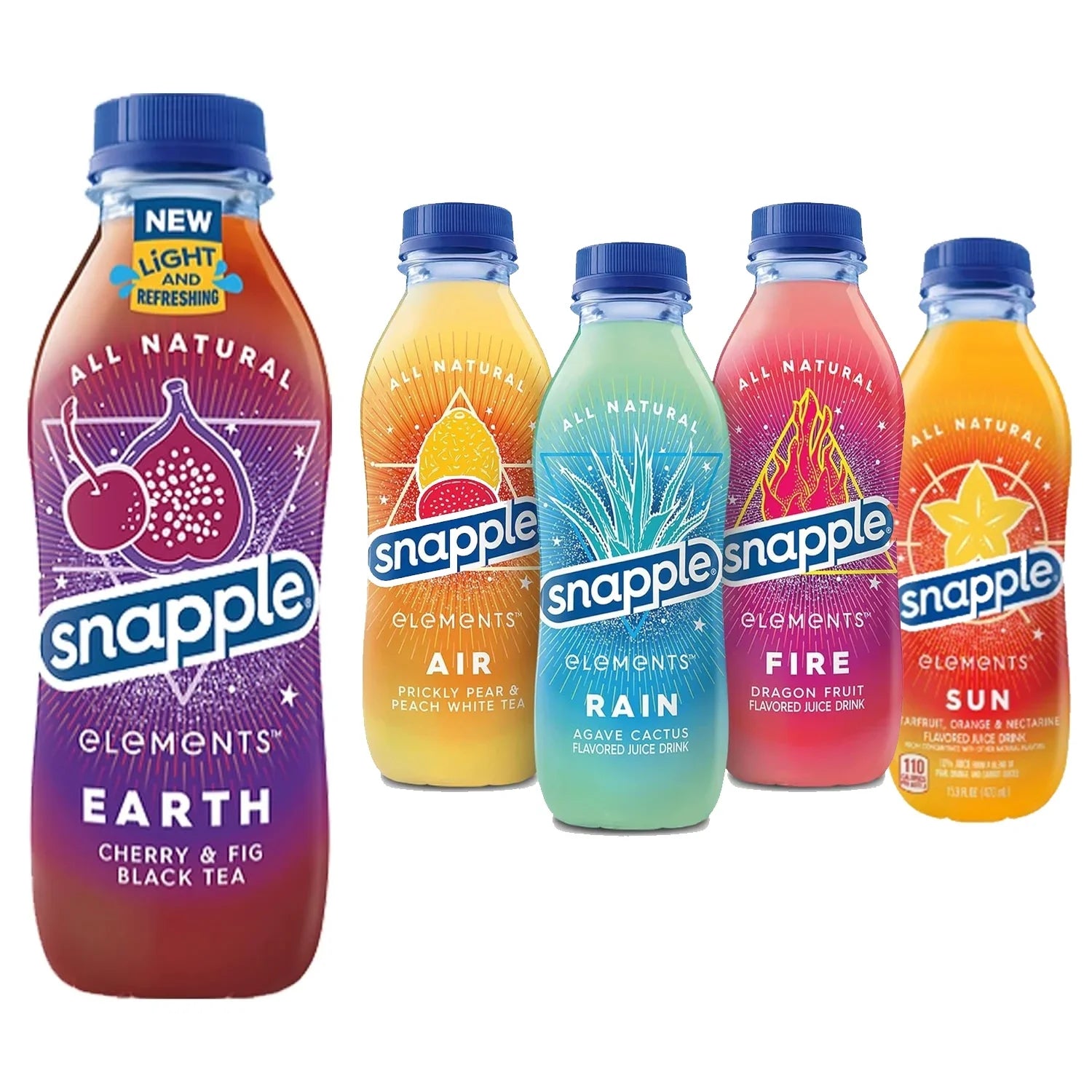 Snapple Individuals Drink Variety Pack, (FIRE, RAIN, AIR, EARTH & SUN) 15.9 Fl Oz Recycled Plastic Bottle (Pack of 5: 1 of each flavor)