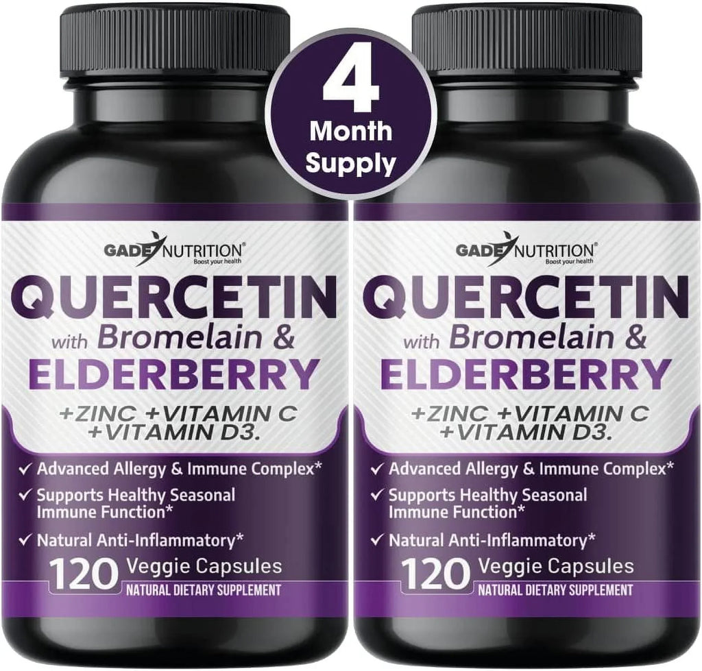 Quercetin with Vitamin C and Zinc - Elderberry - Quercetin 500mg - Quercetin with Bromelain - Zinc Quercetin - Vitamin D3 - 6 in 1 Daily Immune Support, Non-GMO, Gluten-Free - USA - 4 Months Supply