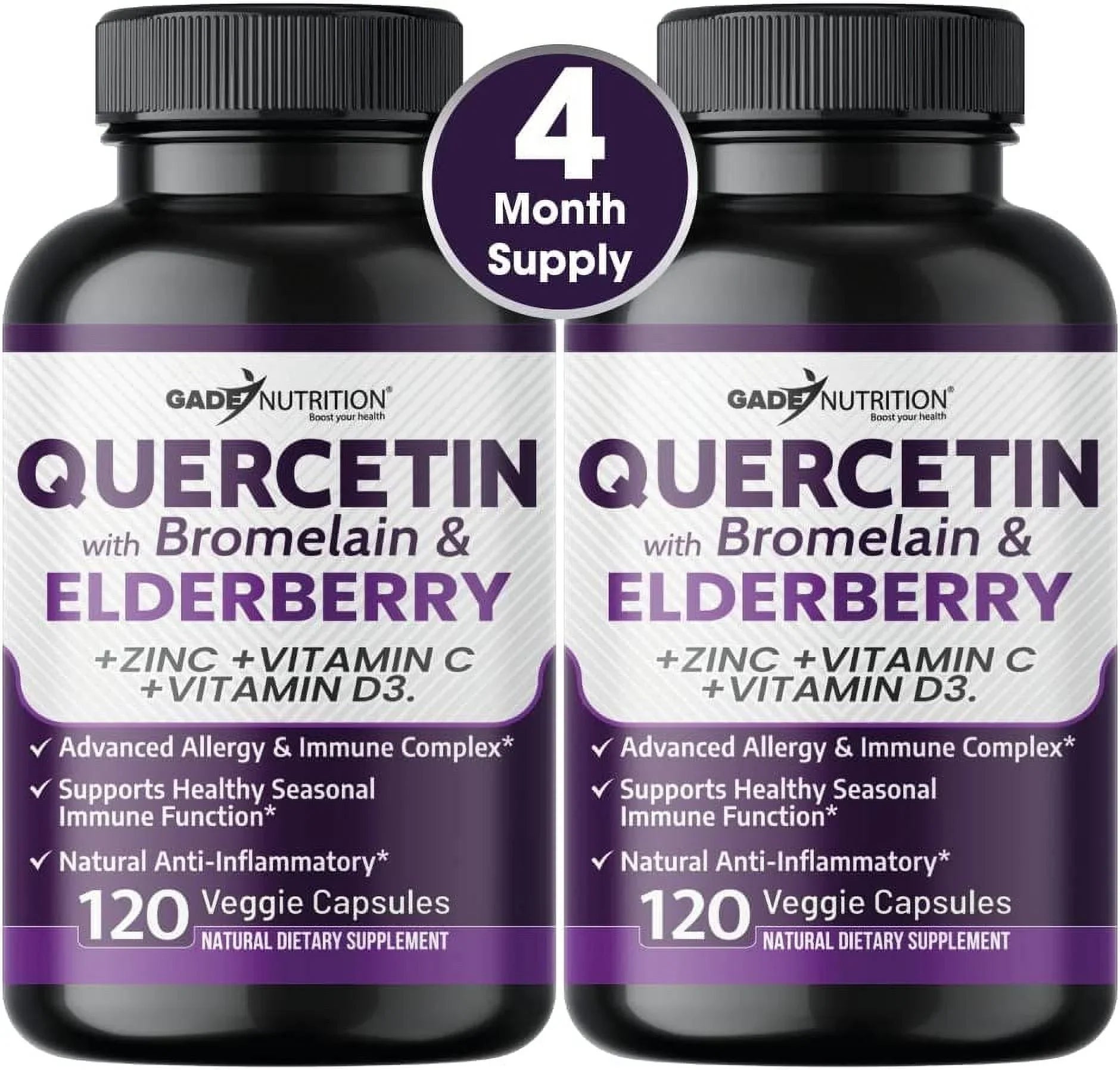 Quercetin with Vitamin C and Zinc - Elderberry - Quercetin 500mg - Quercetin with Bromelain - Zinc Quercetin - Vitamin D3 - 6 in 1 Daily Immune Support, Non-GMO, Gluten-Free - USA - 4 Months Supply