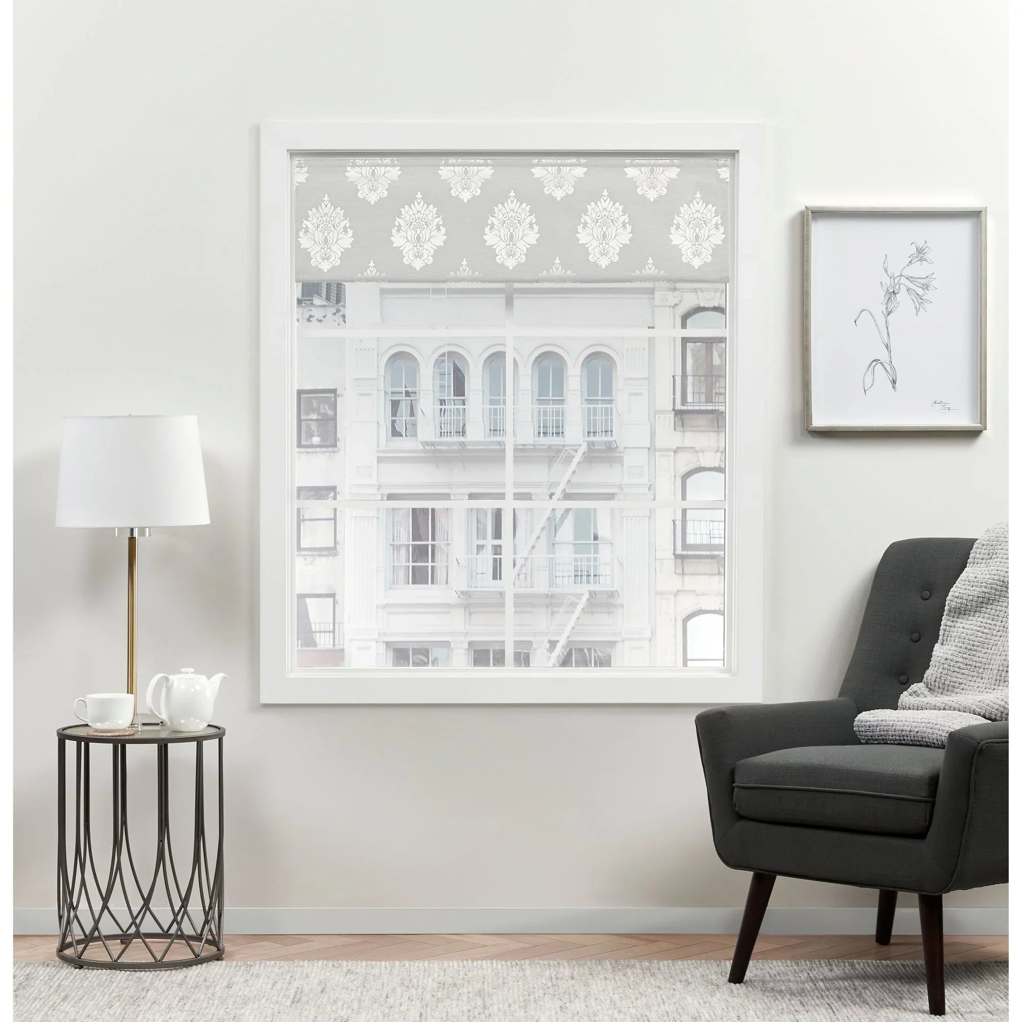 Exclusive Home Marseilles Damask 100% Dark Roman Shade, 34"x64", Silver