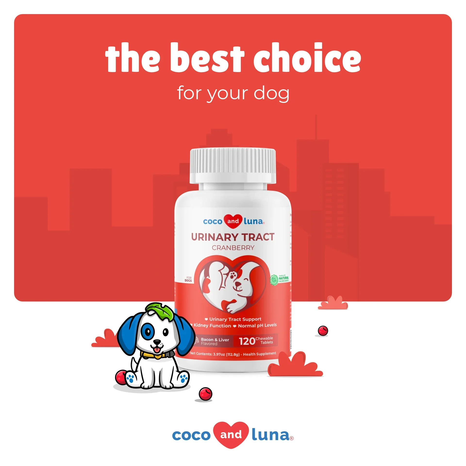 Coco and Luna Urinary Tract - Cranberry, Bladder Support, Dog UTI - 120 Tablets