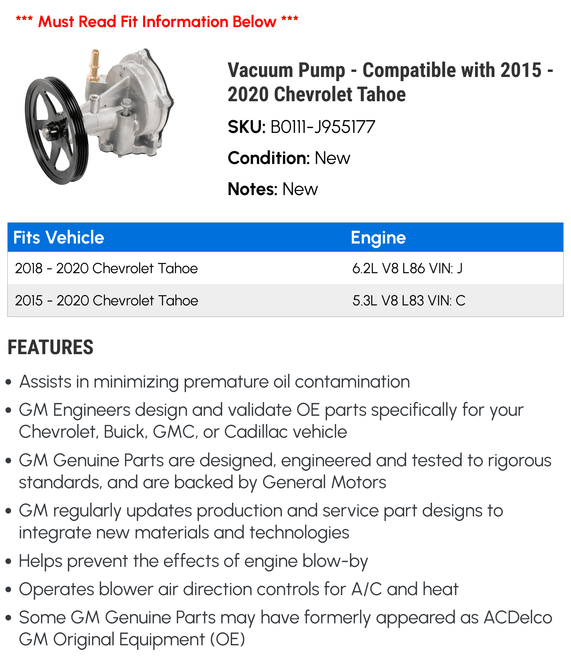 Vacuum Pump - Compatible with 2015 - 2020 Chevy Tahoe 2016 2017 2018 2019