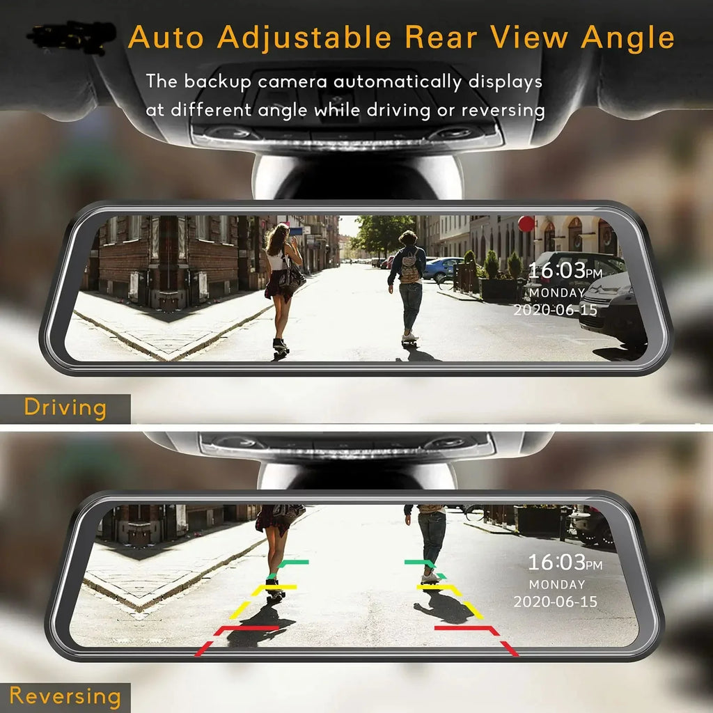 Bileeko Car Mirror Dashcam 10 inch IPS Full Touch Screen Dual Lens Rear View Backup Camera, Parking Monitor, Loop Recording
