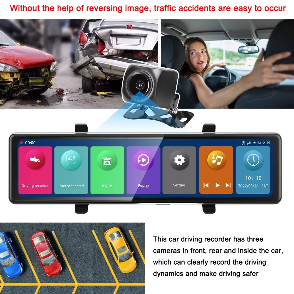 Carevas 3 Cameras Dash Cam 12in 2.5K Clear Car Rearview Mirror Car Video Recording Touched Screen Car Recorder Carplay Auto Driving Recorder