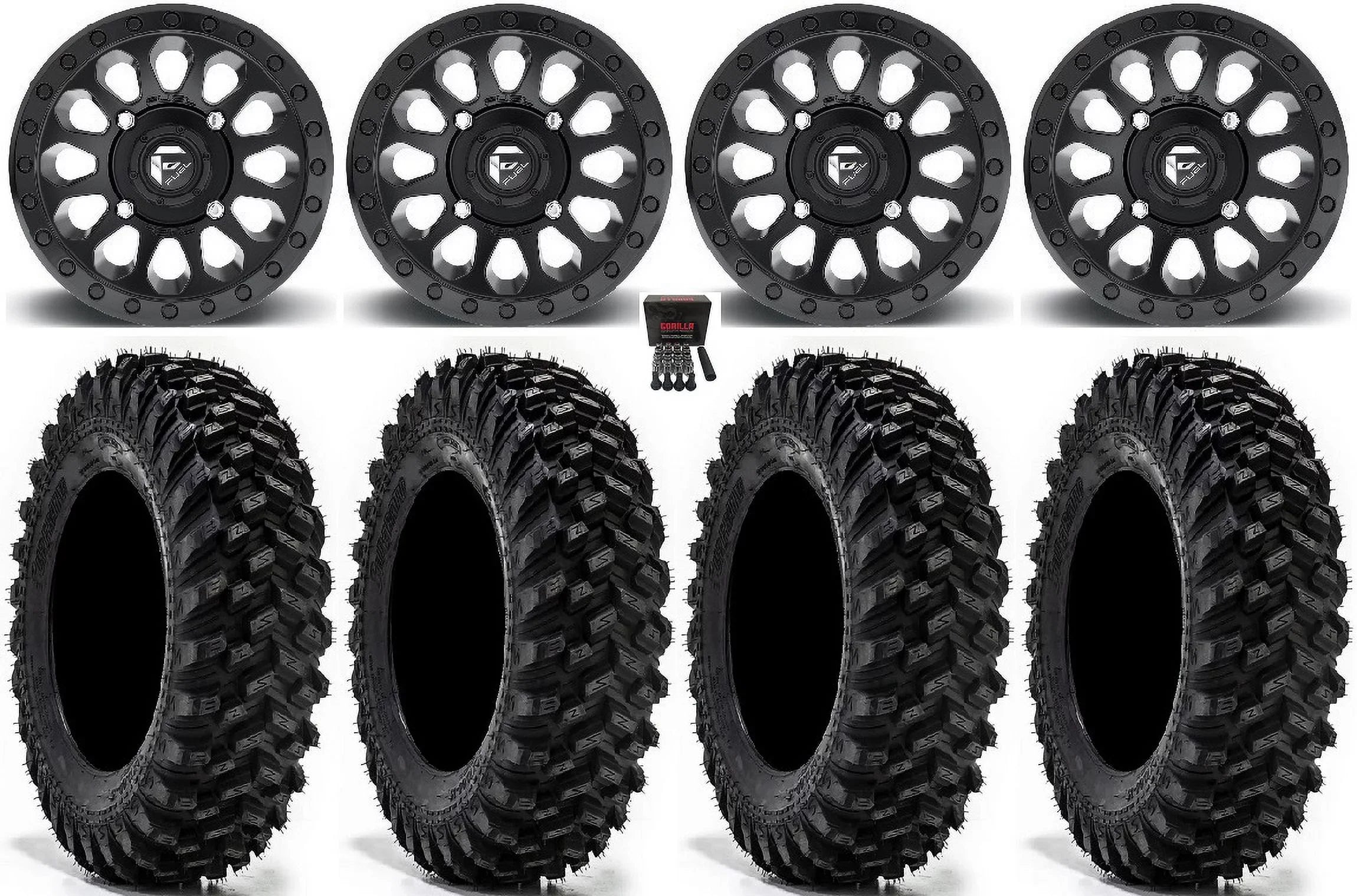 Fuel Vector 14" Wheels Dark 30" Warrior XT Tires Kawasaki Mule Pro FXT