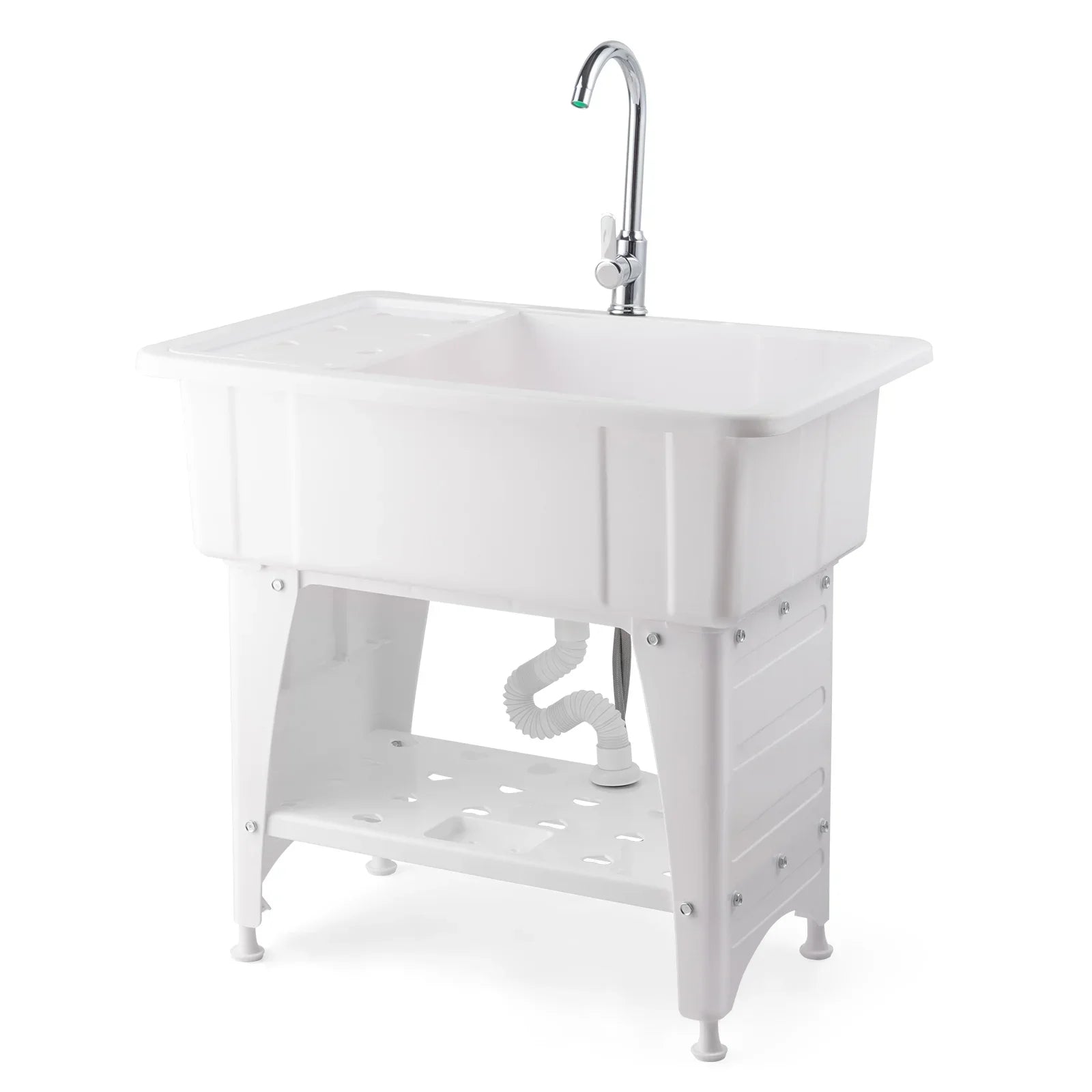 Spacious White Utility Sink Laundry Tub Freestanding Wash Station W/ Shelf, Removable Drainboard, Stainless Steel Faucet