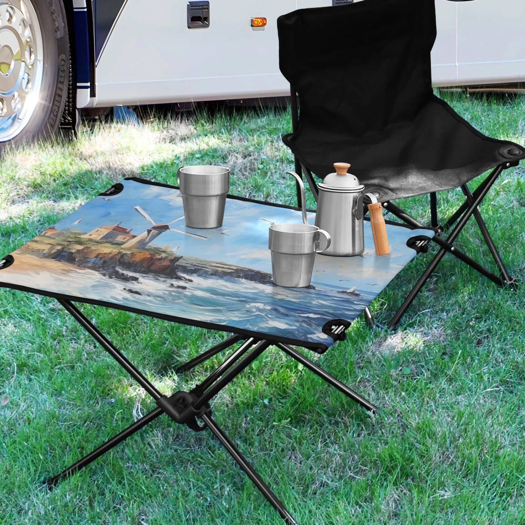 Landscape Paint Camping Foldable Portable Table Beach Table with Storage Bag Compact Picnic Table for Outdoor Hiking Fishing BBQ