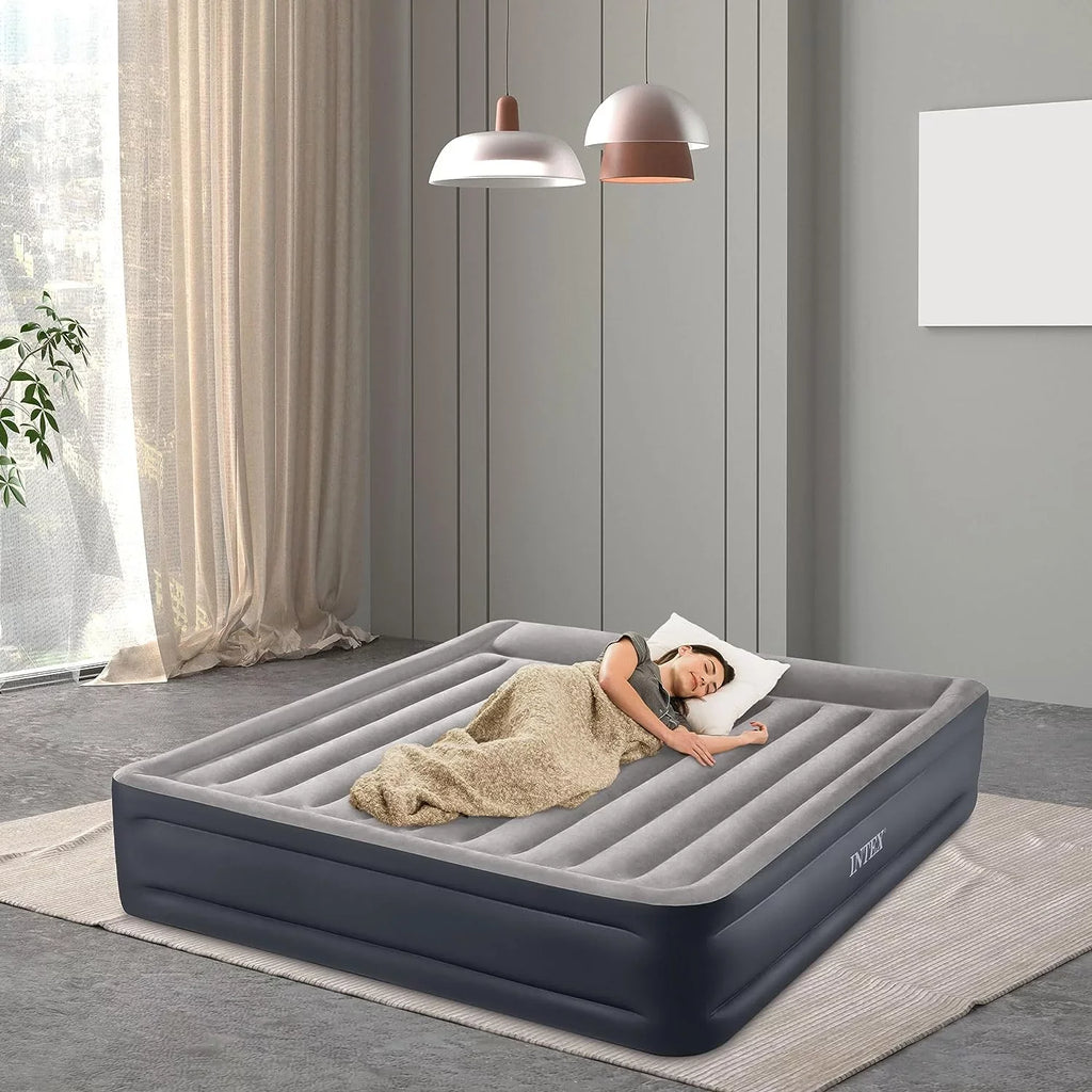 Deluxe Raised Pillow Inflatable Blow Up Portable Firm Air Mattress with Built-in Internal Air Pump, King-Sized Bed
