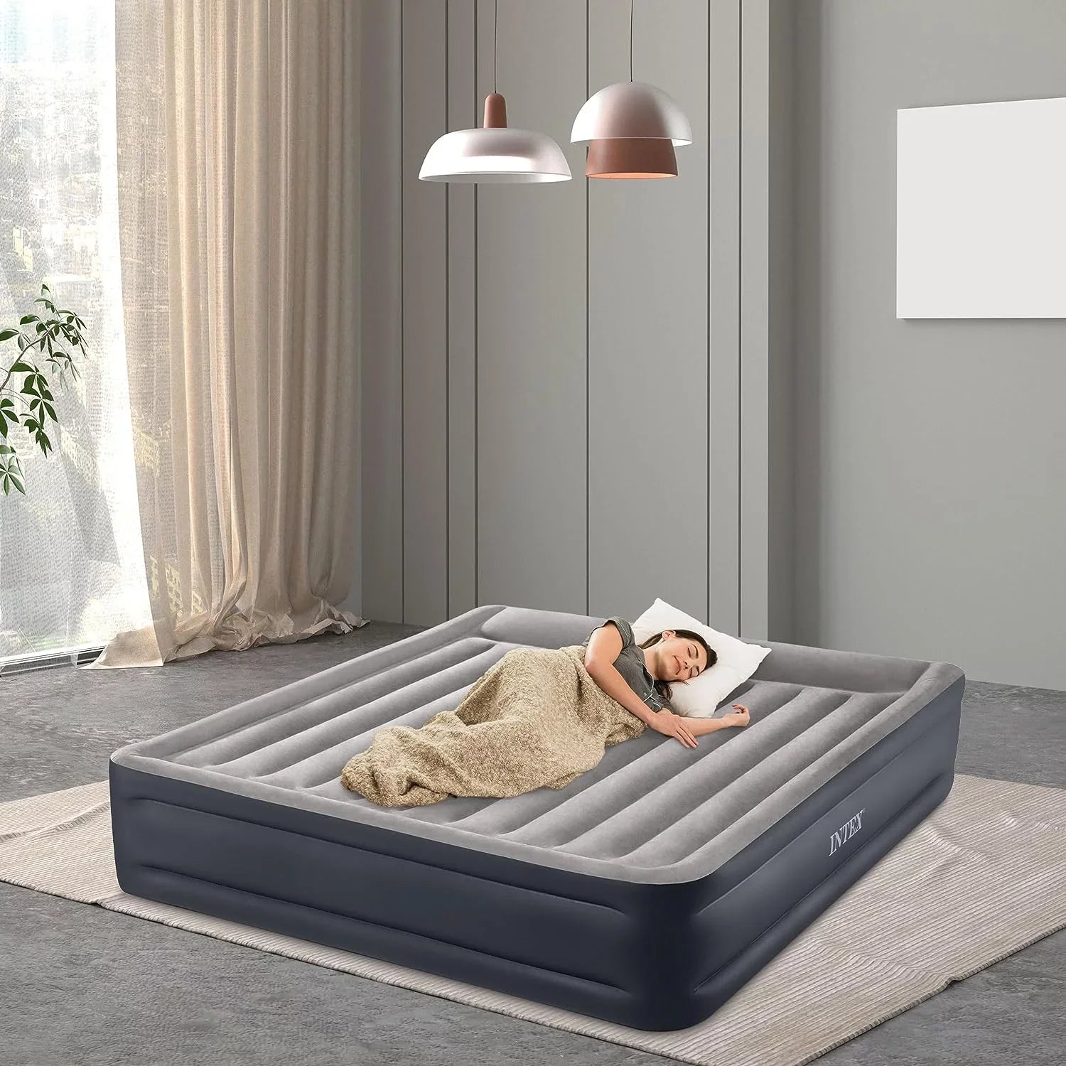 Deluxe Raised Pillow Inflatable Blow Up Portable Firm Air Mattress with Built-in Internal Air Pump, King-Sized Bed
